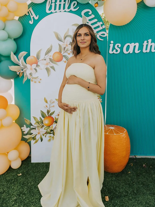 Chic-Yellow Smocked Split Backless Tube Maternity Maxi Dress