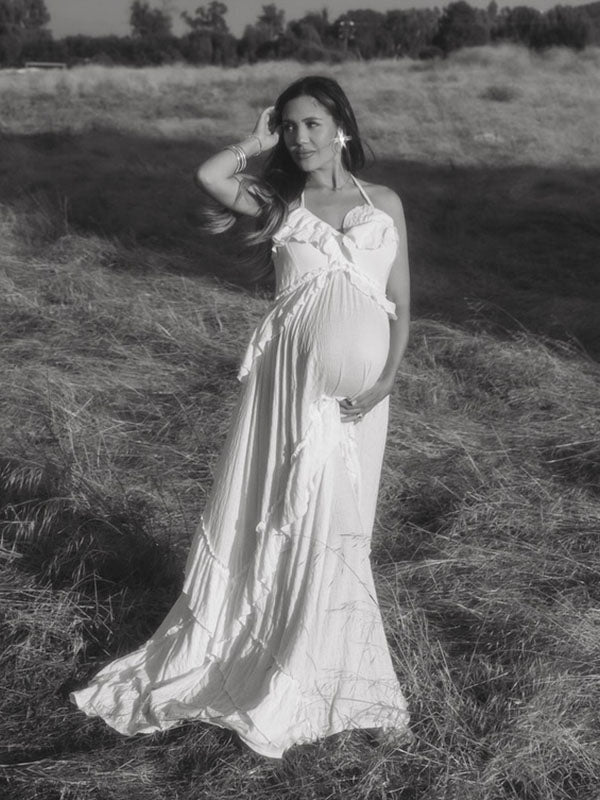 Chic-Ruffle Boho Back Tie Maternity Maxi Dress