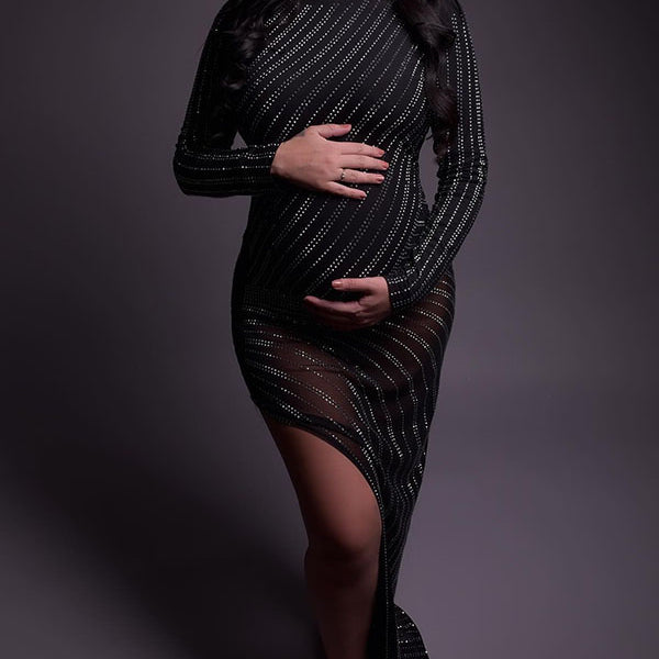 Sparking-Mesh Sheer Bodycon Maternity Shoot Maxi Dress