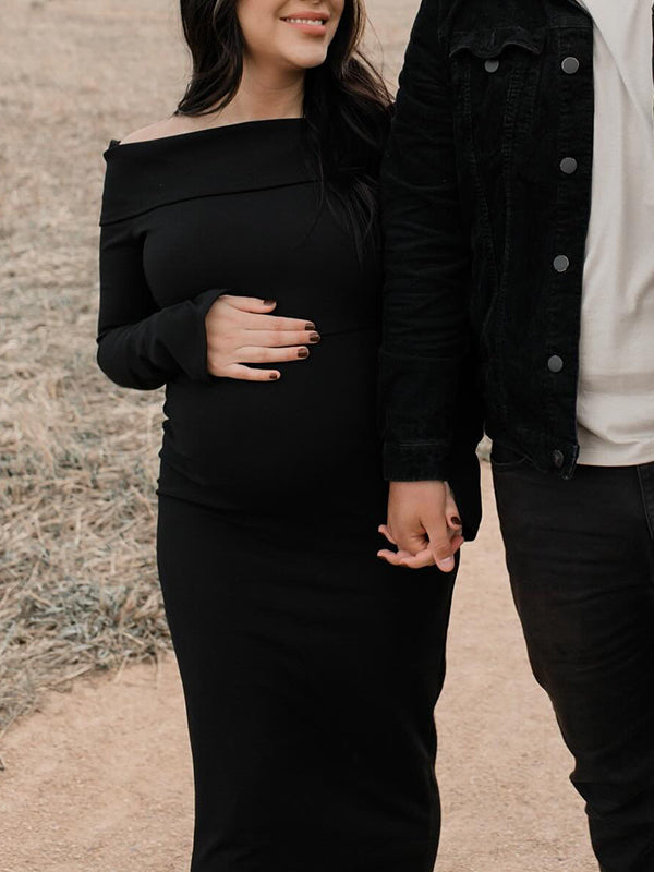 Chic- Knitting Off Shoulder Bodycon Long Sleeve Maternity Sweater Maxi Dress