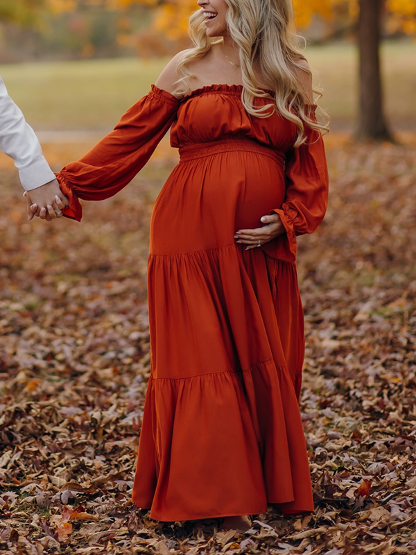 Chic- Boho Ruffle Off Shoulder Photoshoot Maternity Maxi Dress