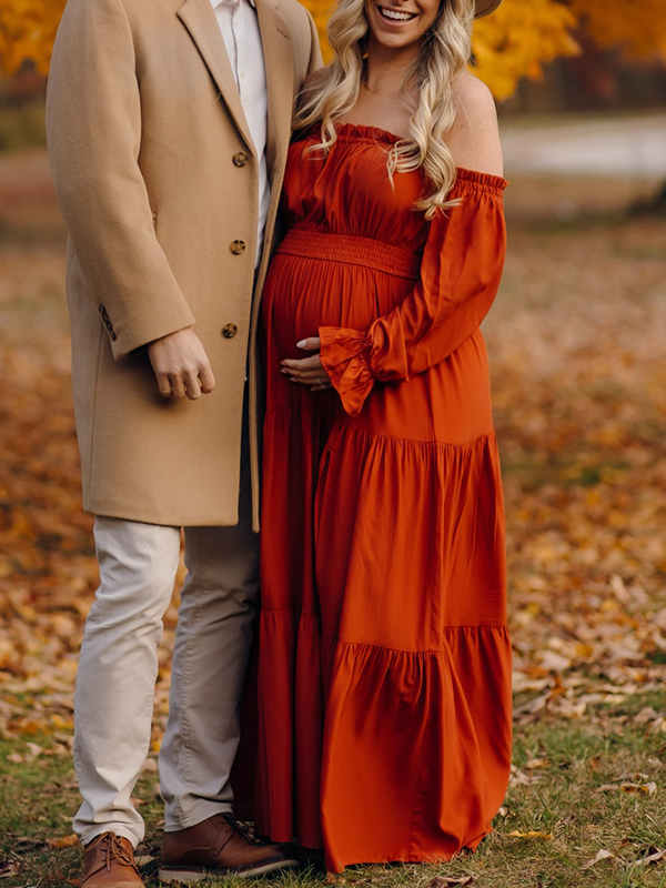 Chic- Boho Ruffle Off Shoulder Photoshoot Maternity Maxi Dress