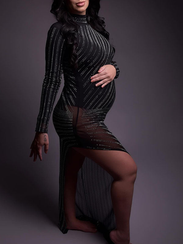 Sparking-Mesh Sheer Bodycon Maternity Shoot Maxi Dress