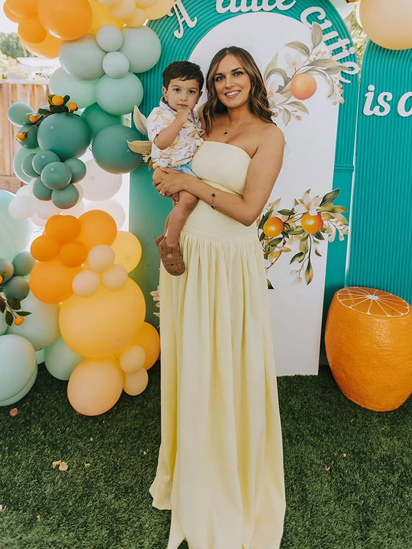 Chic-Yellow Smocked Split Backless Tube Maternity Maxi Dress