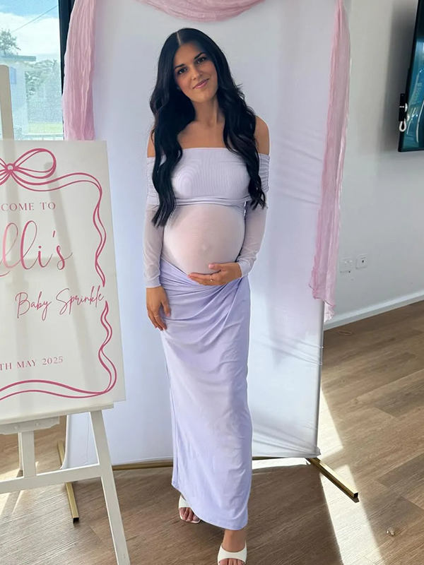 Chic- Off Shoulder Mesh Sheer Bodycon Maternity Maxi Dress