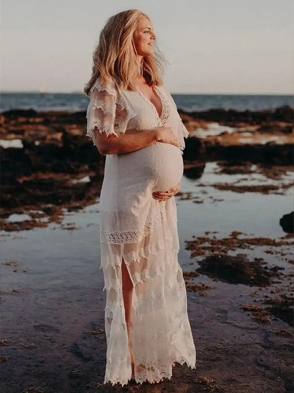 Lace-White Tassel V-Neck Boho Maternity Maxi Dress