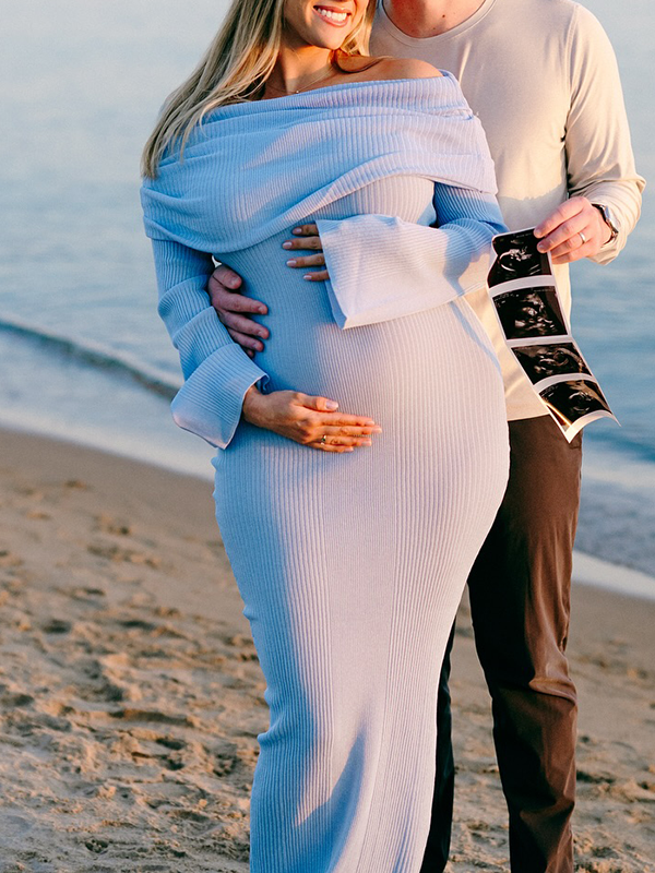 Chic- Knitting Off Shoulder Ruched Bodycon Flare Long Sleeve Maternity Sweater Maxi Dress