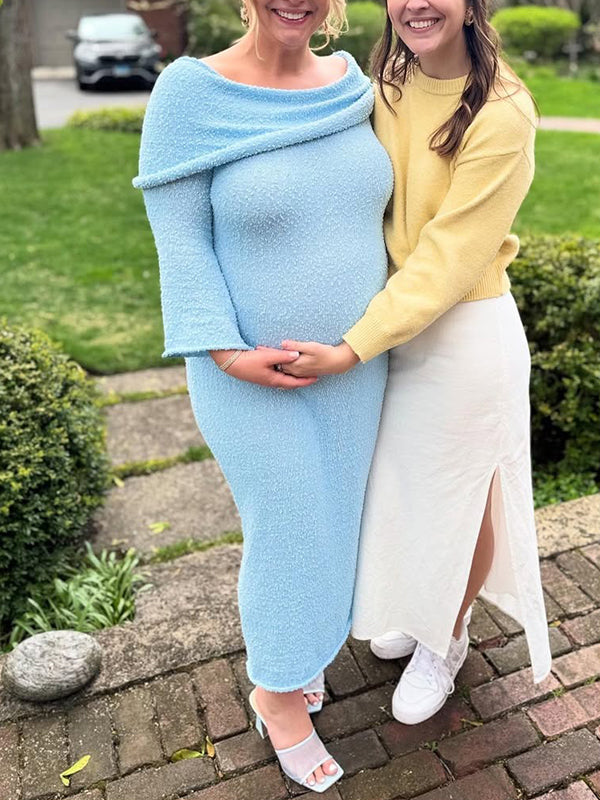 Chic- Knitting Off Shoulder Bodycon Sheer Flare Long Sleeve Maternity Maxi Dress