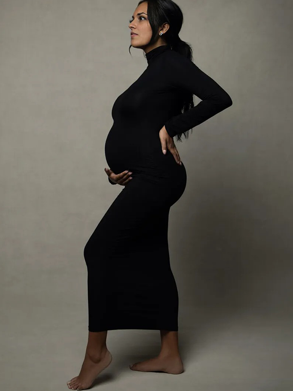 Chic-Black Long Sleeve Bodycon Maternity Maxi Dress