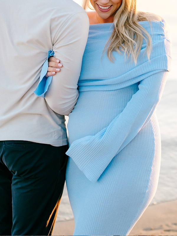 Chic- Knitting Off Shoulder Ruched Bodycon Flare Long Sleeve Maternity Sweater Maxi Dress