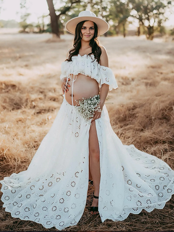 Lace- Off Shoulder Crop Boho Photoshoot Maternity Maxi Dress