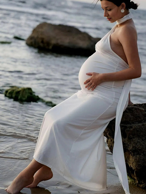 Chic- Bodycon Backless Ruched Maternity Phootshoot Maxi Dress