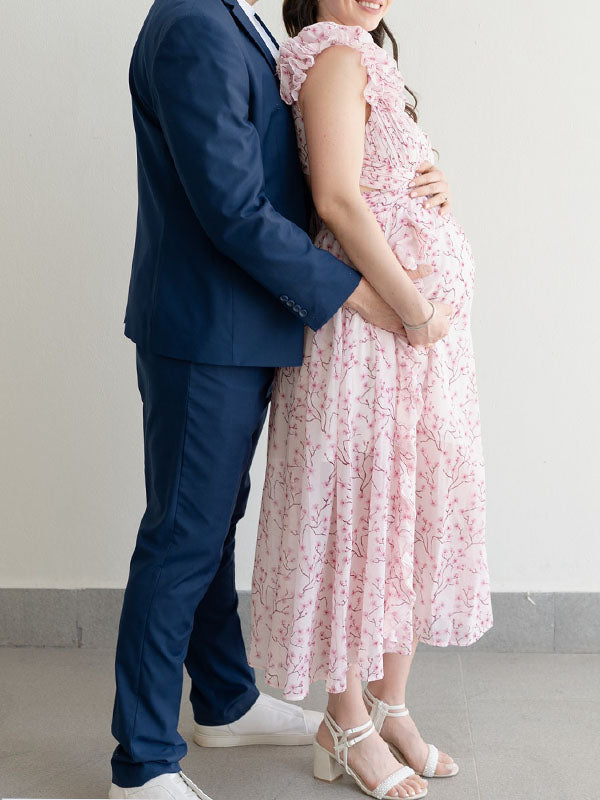 Casualwear-Ruffle Floral Vacation Maternity Maxi Dress