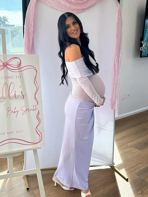 Chic- Off Shoulder Mesh Sheer Bodycon Maternity Maxi Dress