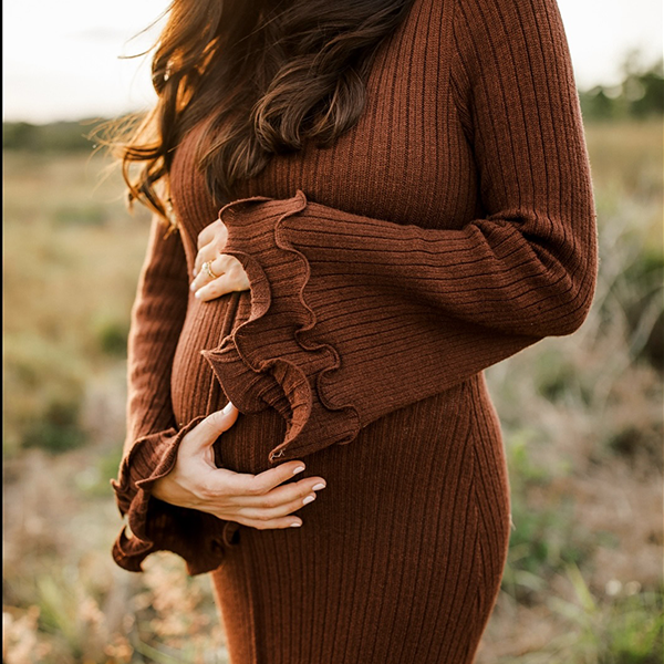 Chic-Brown Knitwear Ruffle Flare Sleeve Maternity Maxi Dress