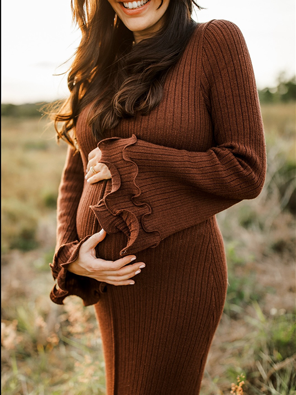 Chic-Brown Knitwear Ruffle Flare Sleeve Maternity Maxi Dress