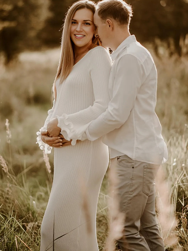 Chic-White Knitwear Ruffle V-Neck Flare Sleeve Maternity Maxi Dress