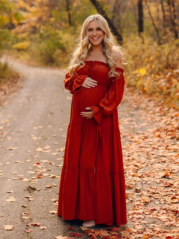 Chic- Boho Ruffle Off Shoulder Photoshoot Maternity Maxi Dress