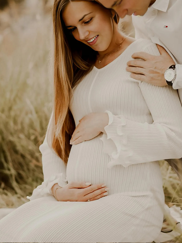 Chic-White Knitwear Ruffle V-Neck Flare Sleeve Maternity Maxi Dress