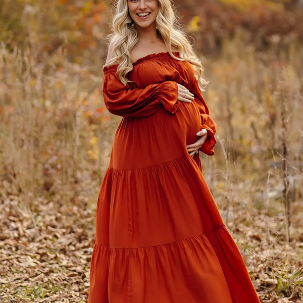 Chic- Boho Ruffle Off Shoulder Photoshoot Maternity Maxi Dress