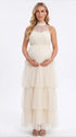 Apricot Halter Maternity Tulle Maxi Dress – Tiered Ruffle Gown, Adjustable Tie Elegant Photoshoot Dress