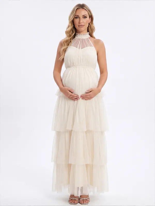 Apricot Halter Maternity Tulle Maxi Dress – Tiered Ruffle Gown, Adjustable Tie Elegant Photoshoot Dress