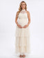 Apricot Halter Maternity Tulle Maxi Dress– Tiered Ruffle Pregnancy Gown