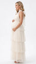 Apricot Halter Maternity Tulle Maxi Dress – Tiered Ruffle Gown, Adjustable Tie Elegant Photoshoot Dress