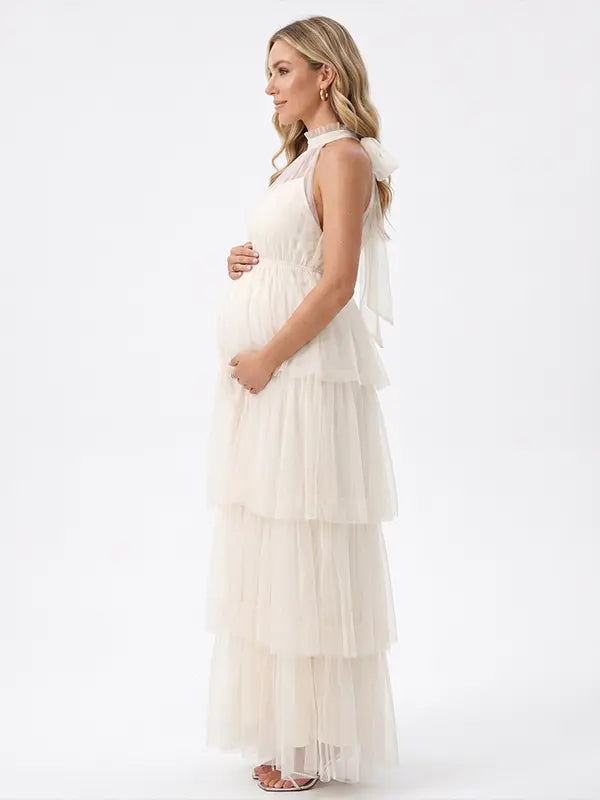 Apricot Halter Maternity Tulle Maxi Dress – Tiered Ruffle Gown, Adjustable Tie Elegant Photoshoot Dress