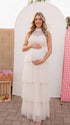 Apricot Halter Maternity Tulle Maxi Dress – Tiered Ruffle Gown, Adjustable Tie Elegant Photoshoot Dress