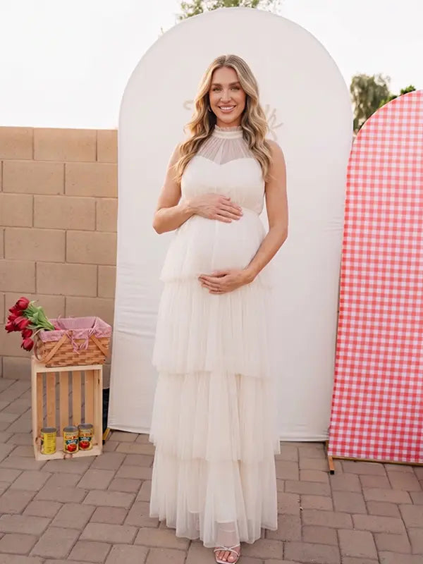 Apricot Halter Maternity Tulle Maxi Dress – Tiered Ruffle Gown, Adjustable Tie Elegant Photoshoot Dress