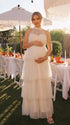 Apricot Halter Maternity Tulle Maxi Dress – Tiered Ruffle Gown, Adjustable Tie Elegant Photoshoot Dress