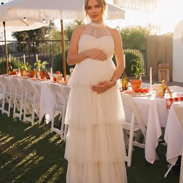 Apricot Halter Maternity Tulle Maxi Dress – Tiered Ruffle Gown, Adjustable Tie Elegant Photoshoot Dress