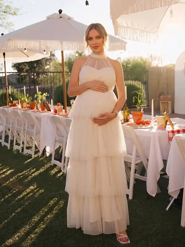 Apricot Halter Maternity Tulle Maxi Dress – Tiered Ruffle Gown, Adjustable Tie Elegant Photoshoot Dress