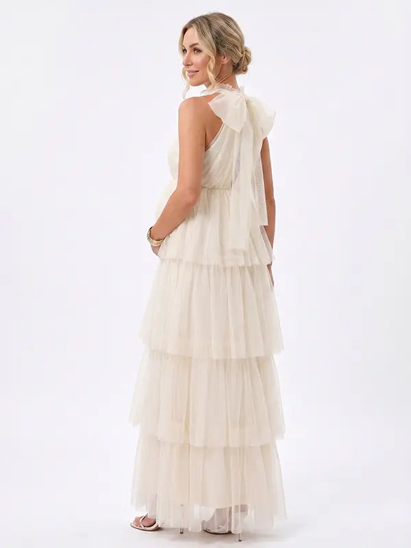 Apricot Halter Maternity Tulle Maxi Dress – Tiered Ruffle Gown, Adjustable Tie Elegant Photoshoot Dress