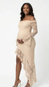 Apricot Lace Off-Shoulder Maternity Maxi Dress – Sheer Long Sleeve Bodycon Asymmetrical Elegant Gown