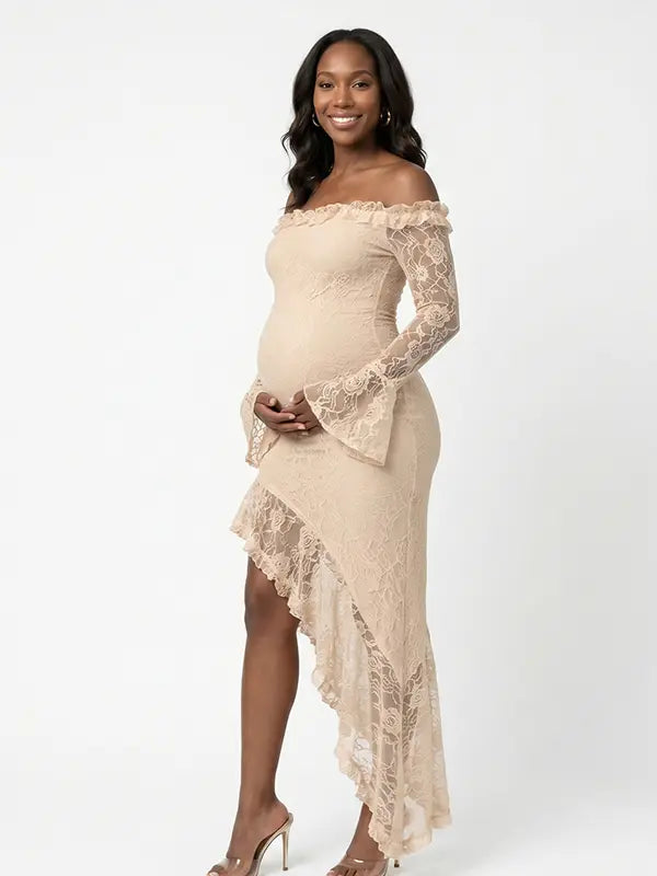 Apricot Lace Off-Shoulder Maternity Maxi Dress – Sheer Long Sleeve Bodycon Asymmetrical Elegant Gown