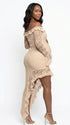 Apricot Lace Off-Shoulder Maternity Maxi Dress – Sheer Long Sleeve Bodycon Asymmetrical Elegant Gown