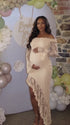 Apricot Lace Off-Shoulder Maternity Maxi Dress – Sheer Long Sleeve Bodycon Asymmetrical Elegant Gown