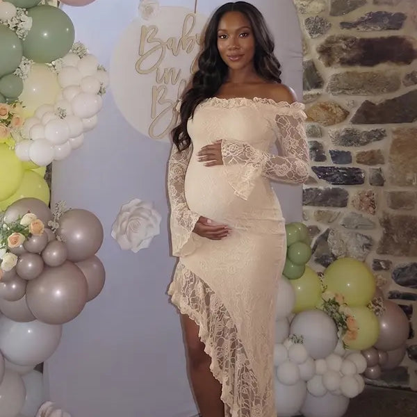Apricot Lace Off-Shoulder Maternity Maxi Dress – Sheer Long Sleeve Bodycon Asymmetrical Elegant Gown