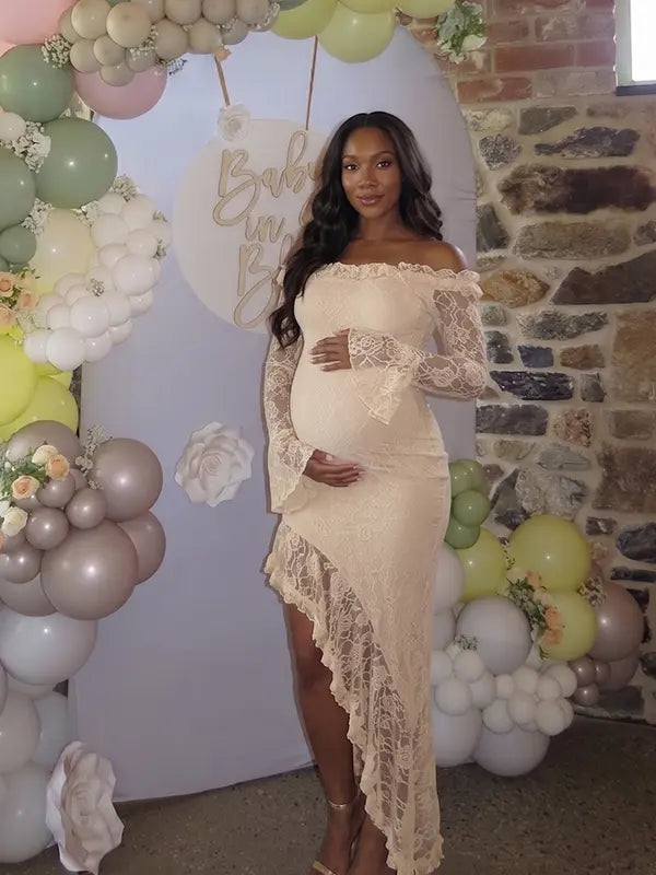 Apricot Lace Off-Shoulder Maternity Maxi Dress – Sheer Long Sleeve Bodycon Asymmetrical Elegant Gown
