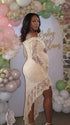 Apricot Lace Off-Shoulder Maternity Maxi Dress – Sheer Long Sleeve Bodycon Asymmetrical Elegant Gown