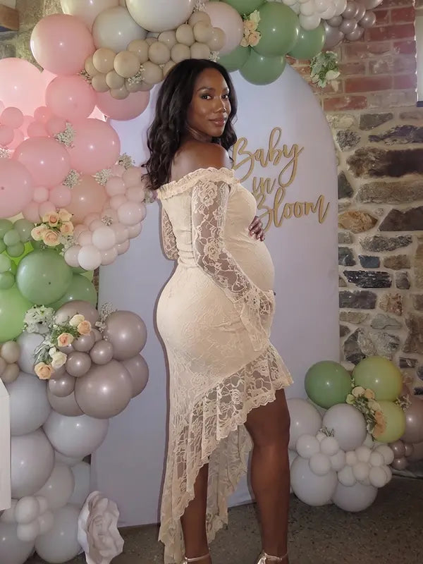 Apricot Lace Off-Shoulder Maternity Maxi Dress – Sheer Long Sleeve Bodycon Asymmetrical Elegant Gown