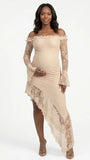 Apricot Lace Off-Shoulder Maternity Maxi Dress – Sheer Long Sleeve Bodycon Asymmetrical Elegant Gown