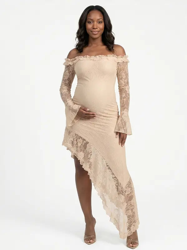Apricot Lace Off-Shoulder Maternity Maxi Dress – Sheer Long Sleeve Bodycon Asymmetrical Elegant Gown