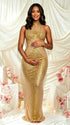 Apricot Rhinestone Maternity Maxi Dress – High Neck Sleeveless Bodycon Gown with Back Slit Elegant Photoshoot Dress