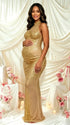 Apricot Rhinestone Maternity Maxi Dress – High Neck Sleeveless Bodycon Gown with Back Slit Elegant Photoshoot Dress
