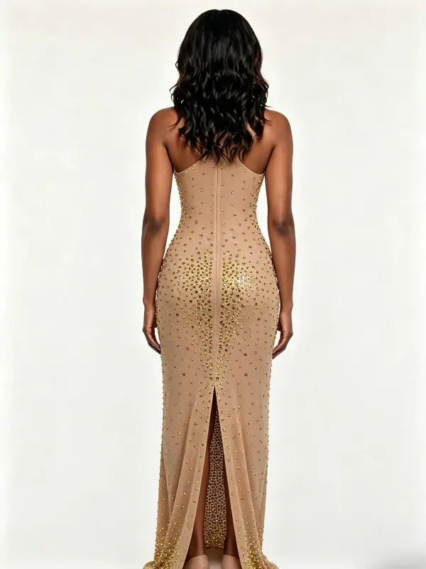 Apricot Rhinestone Maternity Maxi Dress – High Neck Sleeveless Bodycon Gown with Back Slit Elegant Photoshoot Dress