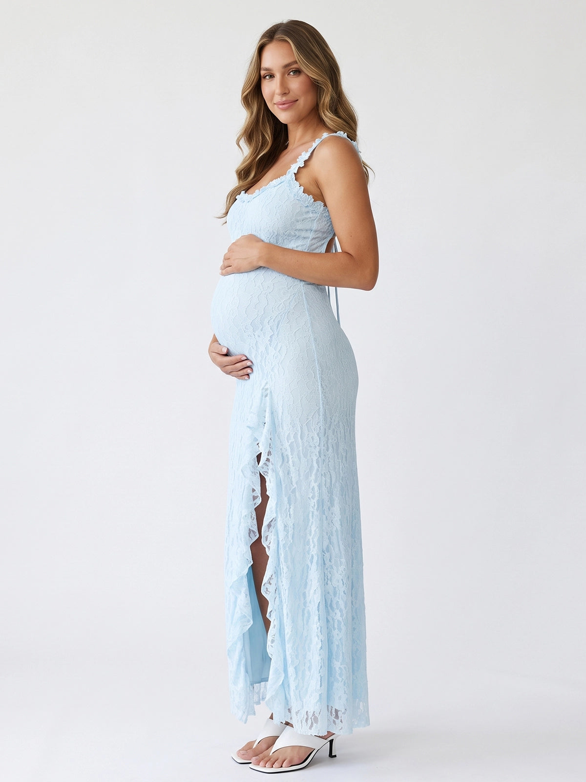 Baby Blue Lace Open Back High Slit Maternity Maxi Dress