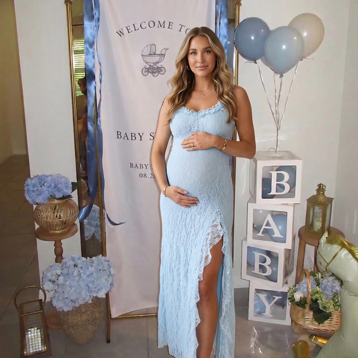 Baby Blue Lace Open Back High Slit Maternity Maxi Dress